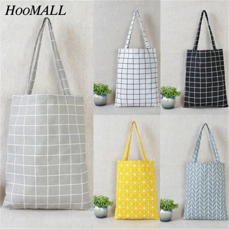 Женская сумка для покупок 5 цветов клетчатая льняная хлопчатобумажная Холщовая