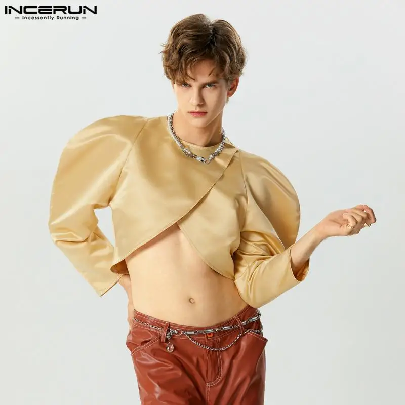 

INCERUN Tops 2023 American Style Men's Cropped Satin Bubble Silhouette Camiseta Stylish Personality Long Sleeved T-shirts S-5XL