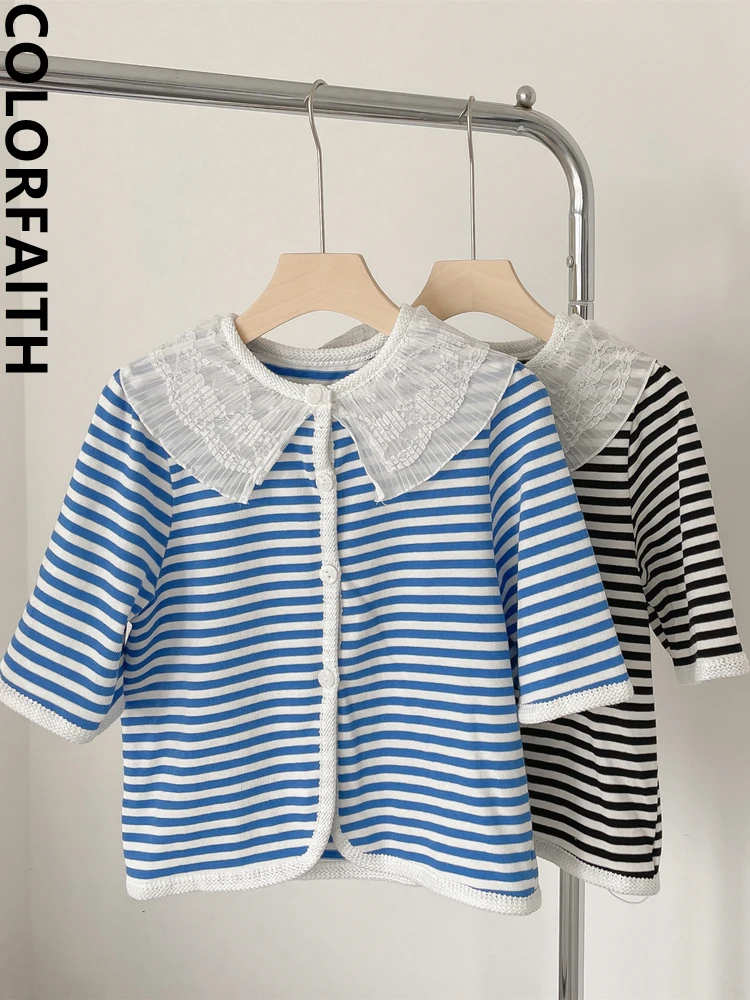 

Colorfaith New 2022 Vintage Striped Lace Korean Fashion Shirts Women Summer Peter Pan Collar Knitted Blouses Lady Tops BL1659JM