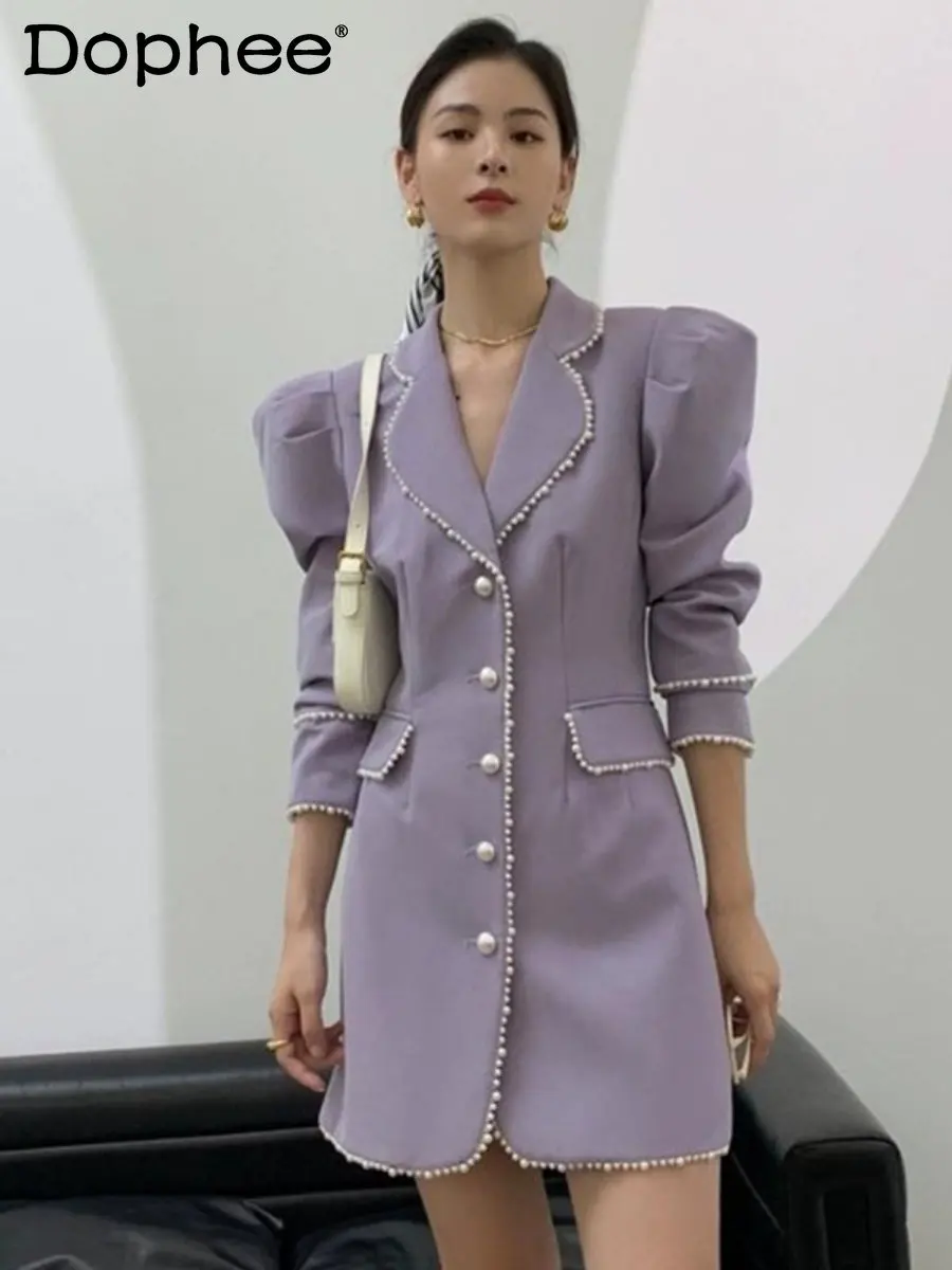 French Style Black Business Suit Dress Women 2023 Spring Autumn Pearl Slimming Temperament Mid-Length Single-Breasted Suit Coat