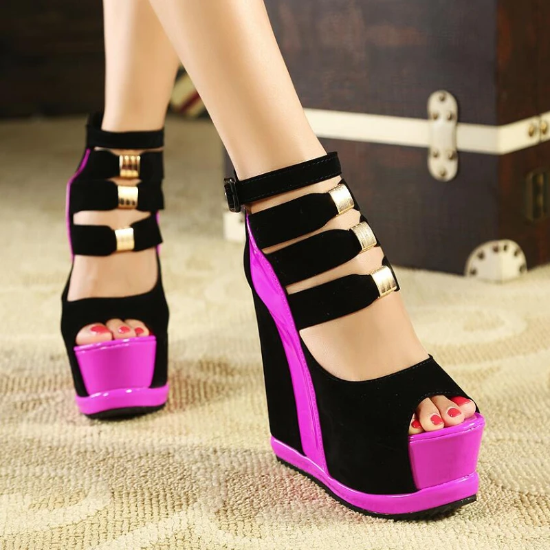

14cm High-heeled Sandals Woman Shoes Summer Super High Heels Platform Colorblock Wedge Women Thick Soles Peep Toe