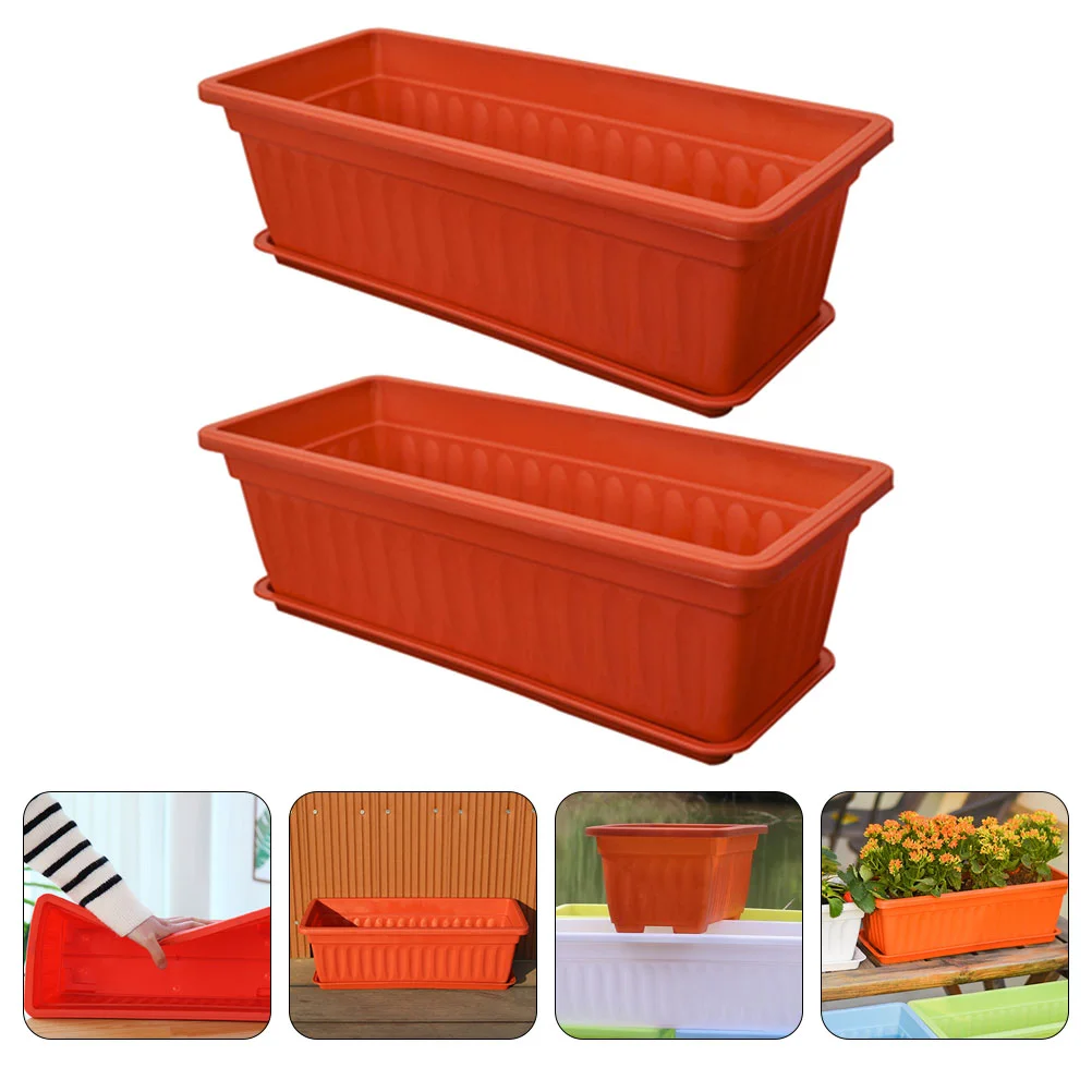 

Window Box Planter 2Pcs Plastic Vegetable Flower Planter Box Rectangular Plant Pots Container Saucers Indoor Outdoor Windowsill