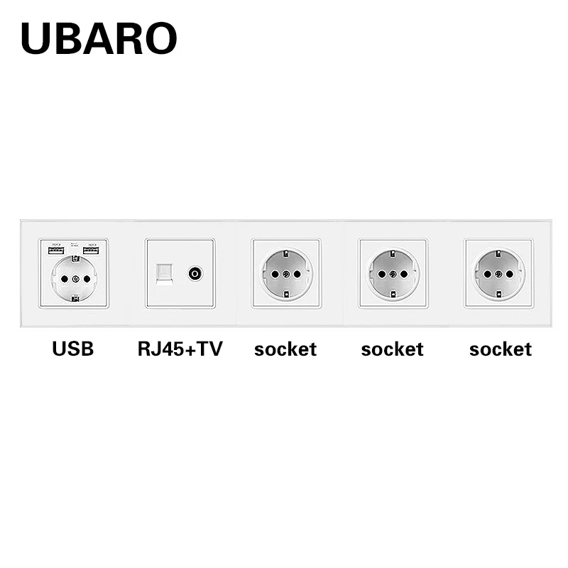Ubaro Padrão da ue Tomada de Parede do Painel Vidro com Rj45 Rj11 tv Usb Sinal Terminal Tomada Casa Fraca Combinação Corrente Plugues Soquetes elétricos