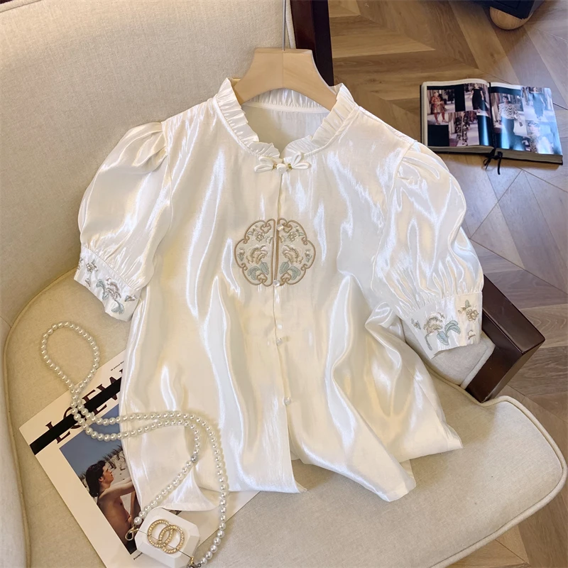 Атласные женские рубашки блузки с вышивкой в китайском стиле свободные модные