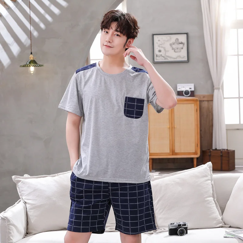 

Summer Men's Pajama Sets Casual Sort Tops +Sort Pants Suit Pyjamas Plaid Men Sleepwear Pijamas omewear Fasion