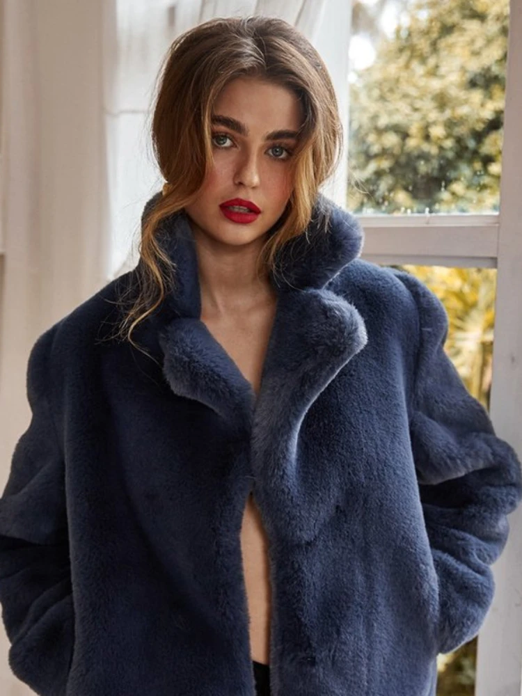 Fashion Lapel Blue Faux Rabbit Fur Jacket Women 2022 New Elegant Ladies High Street Outwear Casual Warm Faux Fur Coats