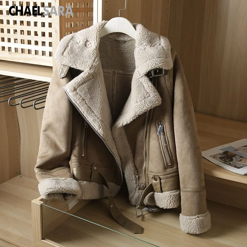 Women Winter Faux Fake Leather Jackets Lady Thick Warm Suede Lambs Short Motorcycle Coats