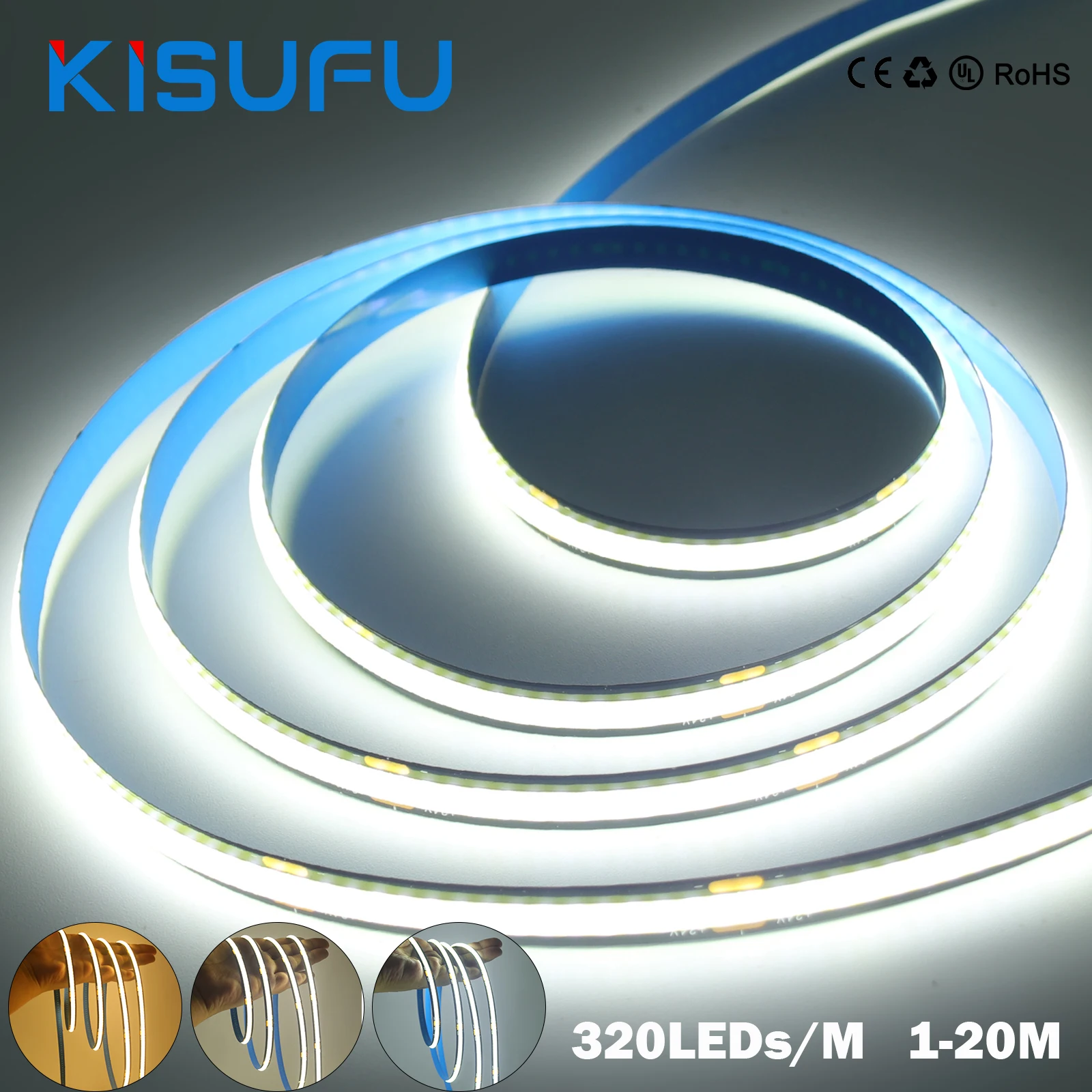 Фото 1M 5M 10M 20M 12V 24V COB Светодиодная лента 8 мм Черная печатная плата 320LEDs/M Белая теплая натуральная лента с регулируемой яркостью DIY Комната Кухня Декор №1