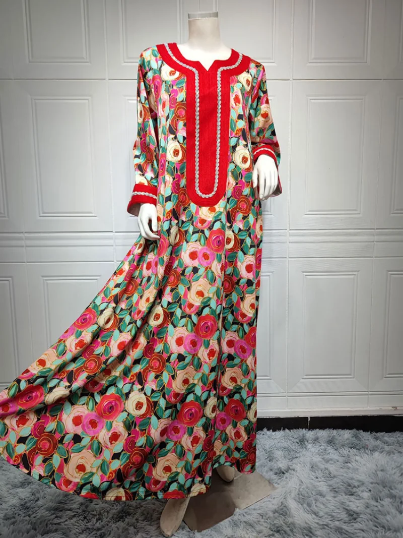 Floral Printed Abaya Evening Dresses Women Muslim Party Arab Long Dress Morocan Kafatn Gulf Jalabiya Eid Ramadan Abayas Red
