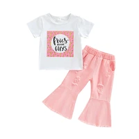 1 6y kids baby girls summer 2pcs outfit white short sleeve letter print tops pink denim flared pants set