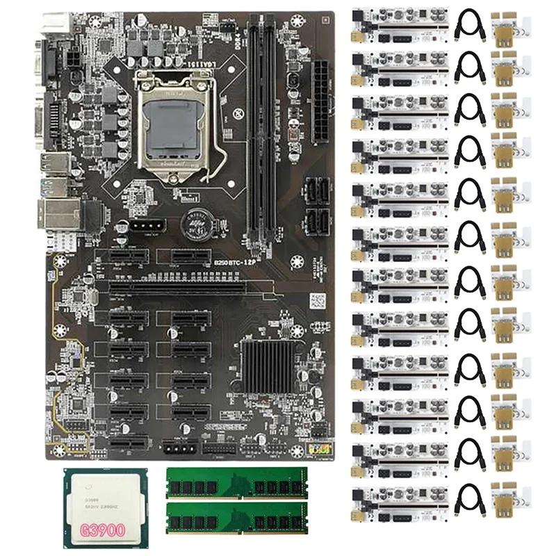 

B250 BTC Mining Motherboard 12 GPU LGA1151 DDR4 DIMM With 12 Pcs 010-X PCIE Riser Card+1 Pcs G3900 CPU+2 Pcs DDR4 RAM