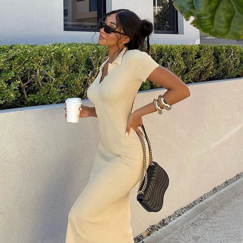 

Elegant Knitted Short Sleeve Bodycon Maxi Dress Women Summer Sexy Backless Bandage Streetwear Solid Stretch Lady Dresses