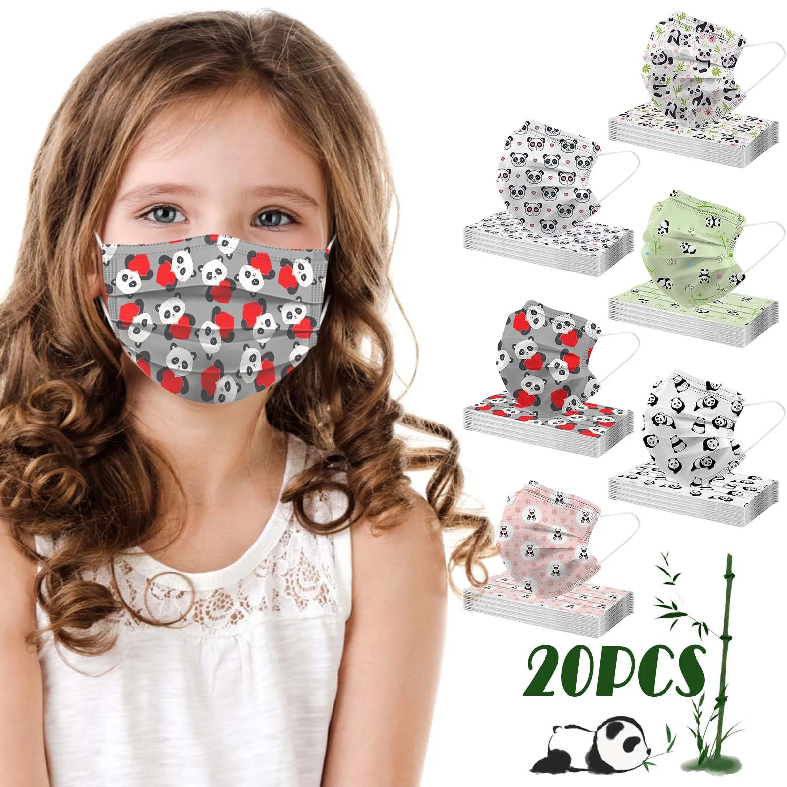 

20PCS Kids Cartoon Panda Prints 3 Layer Disposable Masks Children Sport Outdoor Filter Pm2.5 Mask Earloop Bandage Masques 2022