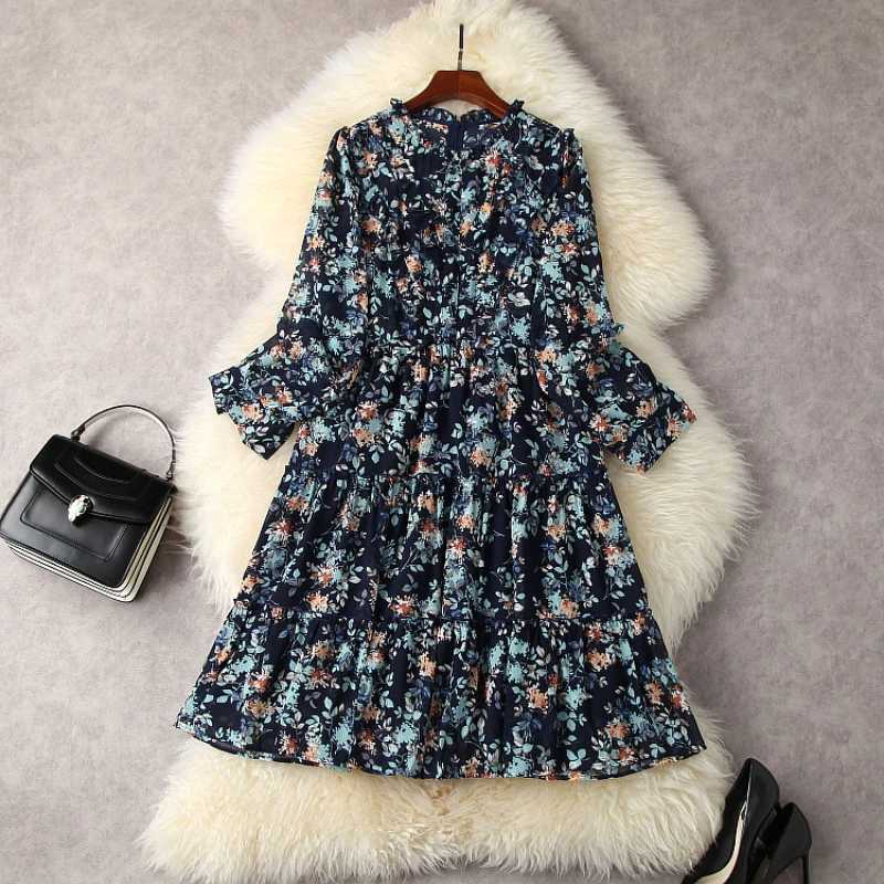 

2022 New Printed with Long Sleeves and Standing Collar Fashionable Pleated Dress European and American Women's Wear Spring