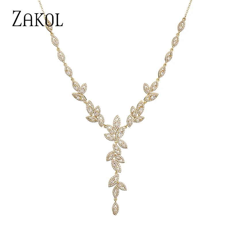 

ZAKOL New Brand Zircon Leaf Pendant Necklaces for Women Luxury Micro Inlay Cubic Zirconia Elegant Bridal Wedding Jewelry NP5085
