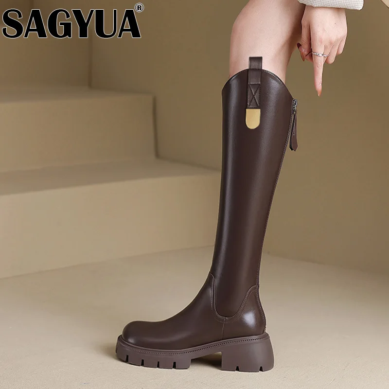 Женские сапоги до колена кожаная обувь на среднем каблуке зимняя брендовая 2025