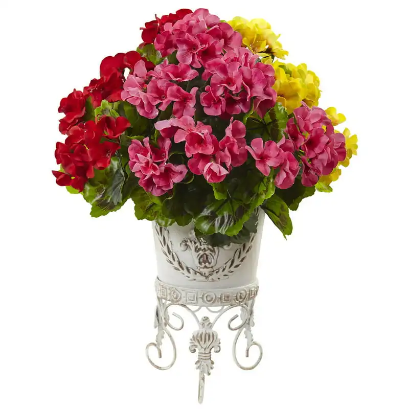 

Attractive Red Artificial Flowers with a Shiny Metal Planter - Decorate Your Home in Style!