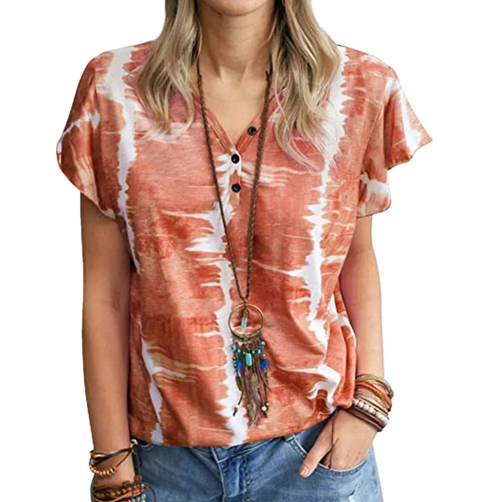 

Women Blouse Stylish Unfading Buttons V Neck Short Sleeve Printed T-shirt for Travel Women T-shirt Blouse