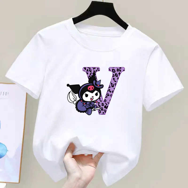 

Kawaii Kuromi Leopard Letters A-z Child T-Shirt Sanrio Cartoon Gothic Print Short Sleeve Summer Loose Cotton Couple T-Shirt Gift