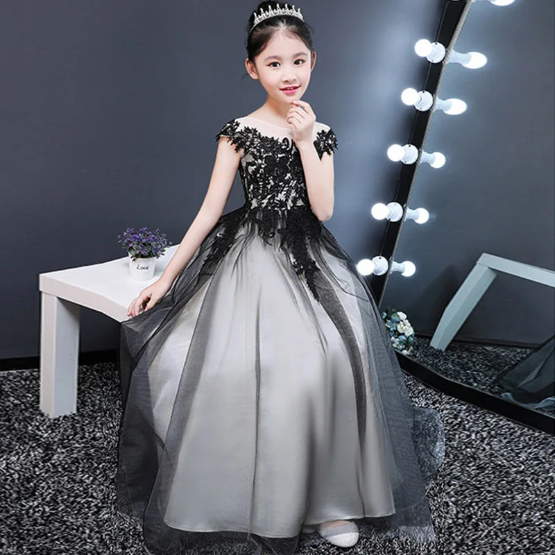 Black Noble Princess Dress Summer Girls Birthday Princess Dress Fluffy Yarn Piano Fashion Etiquette Performance Dress Female