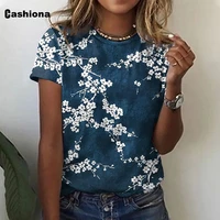 cashiona ladies elegant leisure casual t shirt model flower print shirt womens round neck top 2022 summer boho tees shirt femme