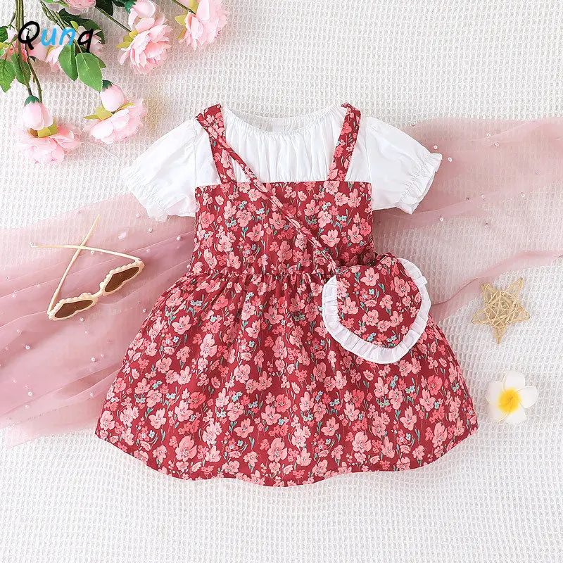 

Qunq 2023 Summer Girls Short Sleeve Floral Splicing Princess Dress And Shoulder Bag 2 Pieces Set Casual Kids Clothes Age 1T-3T