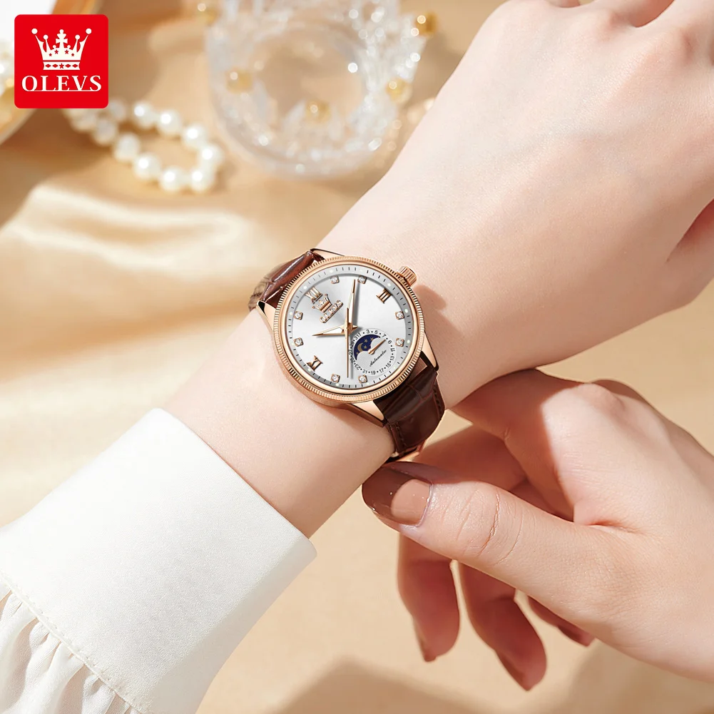 OLEVS оригинальные брендовые модные механические часы с фазой Луны элегантные
