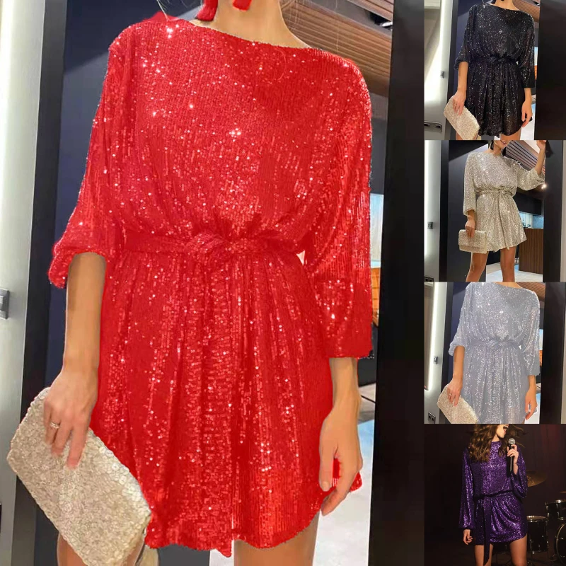 

Женское платье с длинным рукавом, блестками и поясом