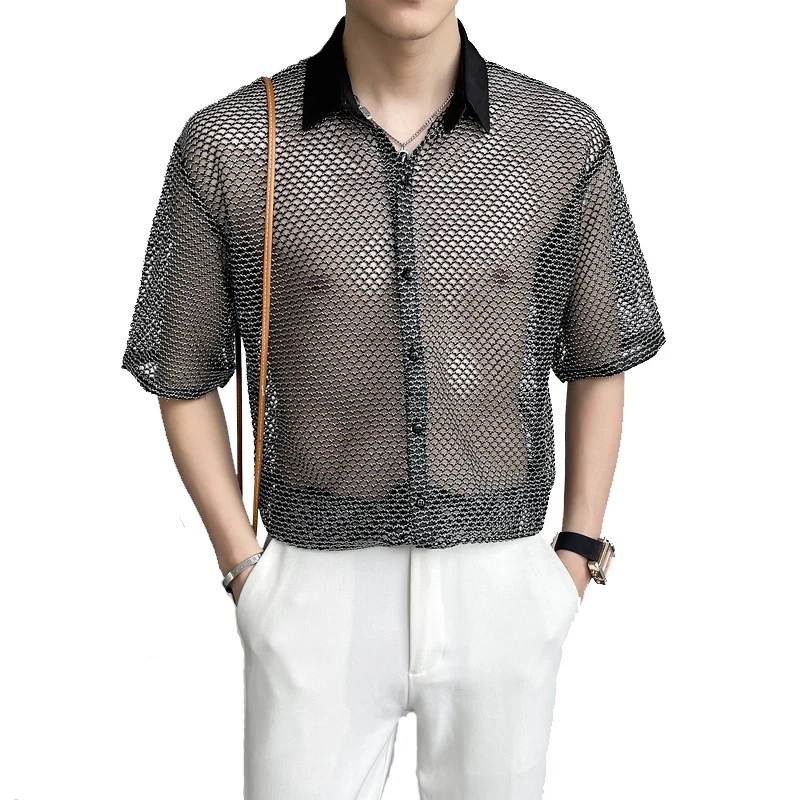 Sexy Cutout See-through Shirts for Men Summer Short Sleeve Loose Casual Shirt Streetwear Social Party Nightclub DJ Tuxedo Blouse