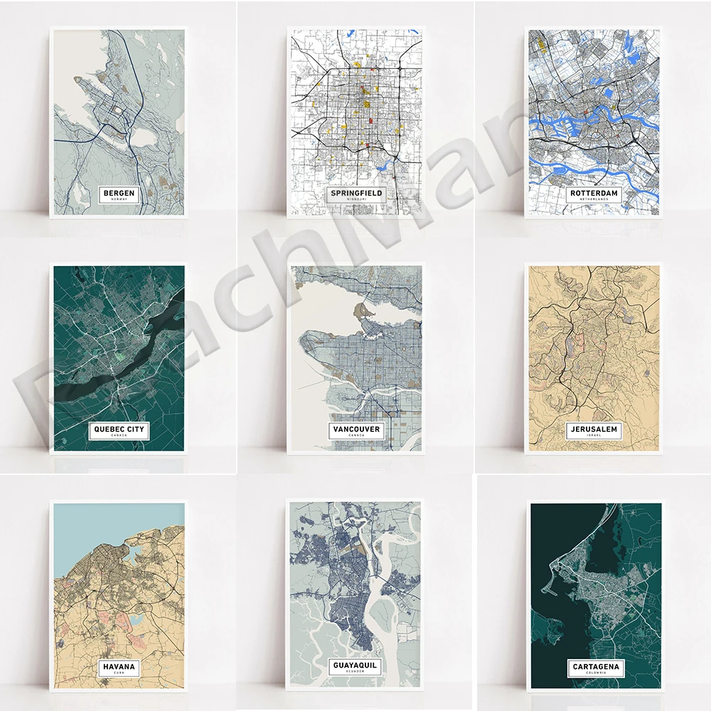 

Cartagena, Guayaquil, Vietnam, Brisbane, Cuba, Manila, Netherlands, Auckland, Rome, Budapest, Prague, Springfield map poster
