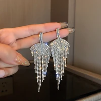 2022 long tassel full rhinestone drop earrings golden leaf dangle earrings for women fashion jewelry accessories gift