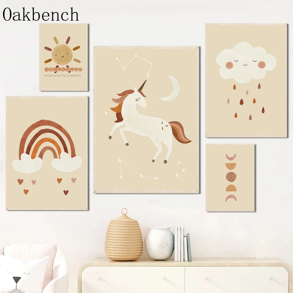 Картина на холсте с изображением бежевого единорога радуги плакаты луна