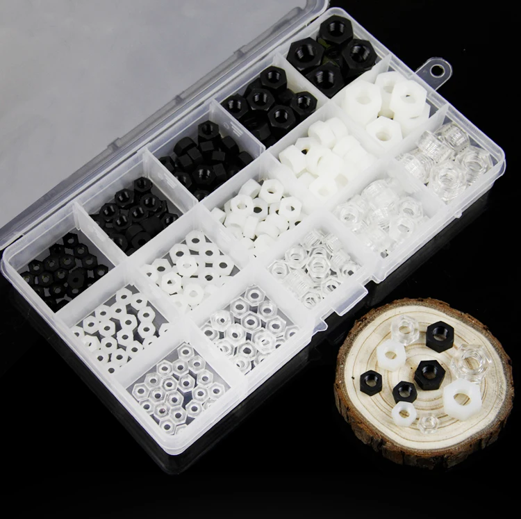 

270pcs לבן/שחור/שקוף צבע M3 M4 M5 M6 M8 שש זווית פלסטיק אגוז ניילון אגוז סיווג ערכת תיקון כלי