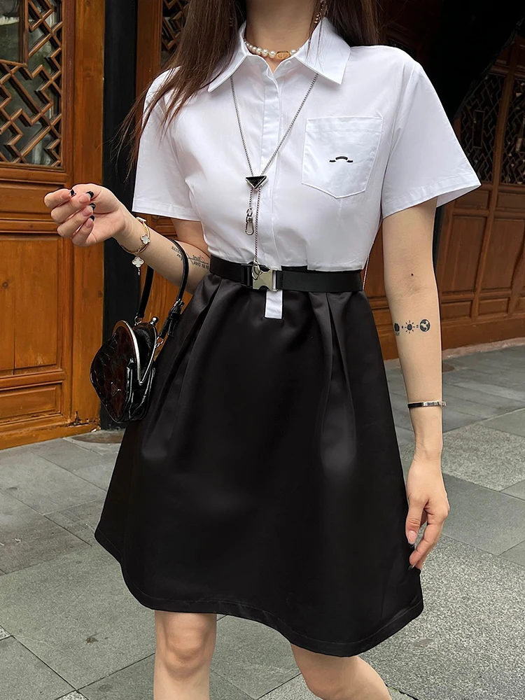

Designer lapel vintage color contrast lacing high-waisted short-sleeved dress women's new summer fashion luxury A-line skirt