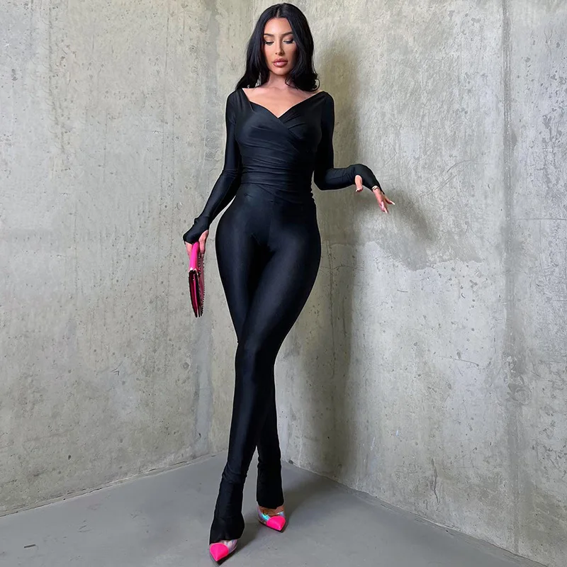 

Women Sexy 2 Piece Outfits Clubwear V Neck Long Sleeve Tops with Gloves+High Waist Long Pants Ribbed Tracksuit Joggers Set 2023
