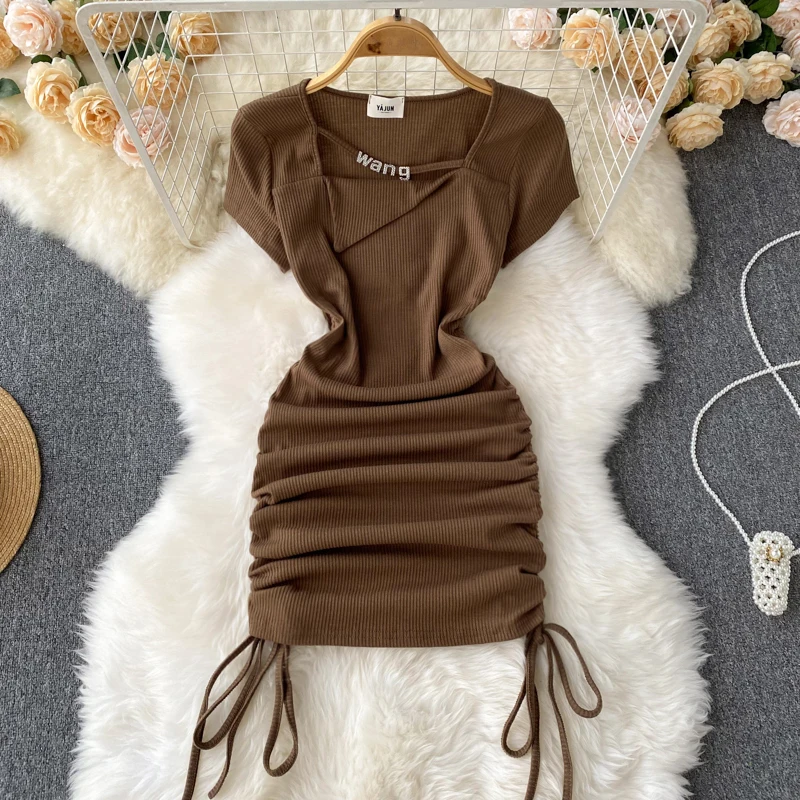 

2022 Summer New Slim Fit Drawstring Pleated T-shirt Dress Drawstring Knitted Dress
