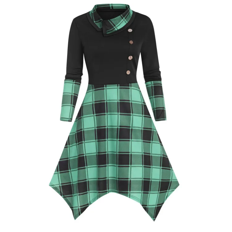 Женское платье в стиле панк готическое клетчатое пэчворк на пуговицах с длинным