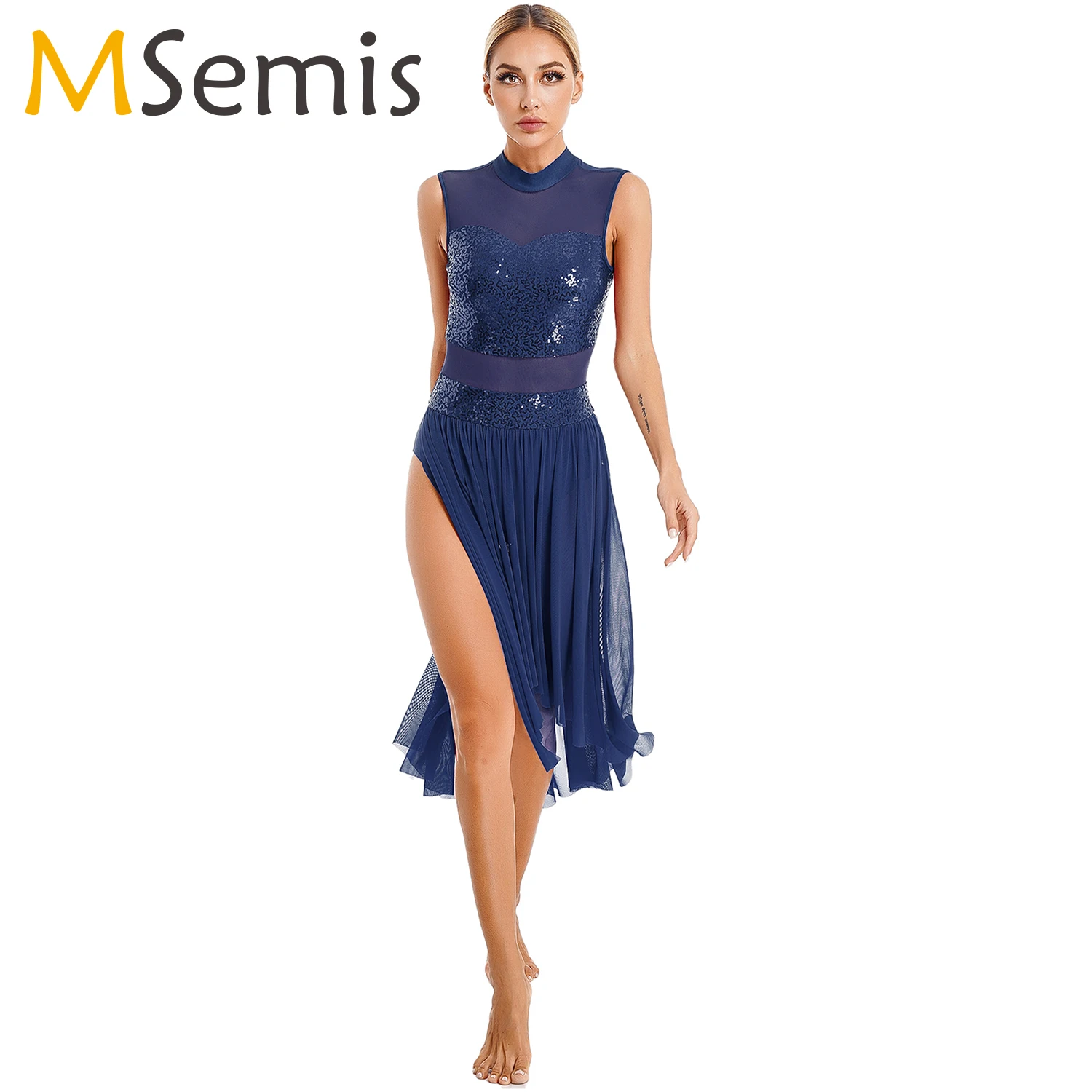

Women Lyrical Dance Performance Costume Sequins Sleeveless Mesh Skirted Leotard Ballet Dress Contemporary Ballroom Dance Wear