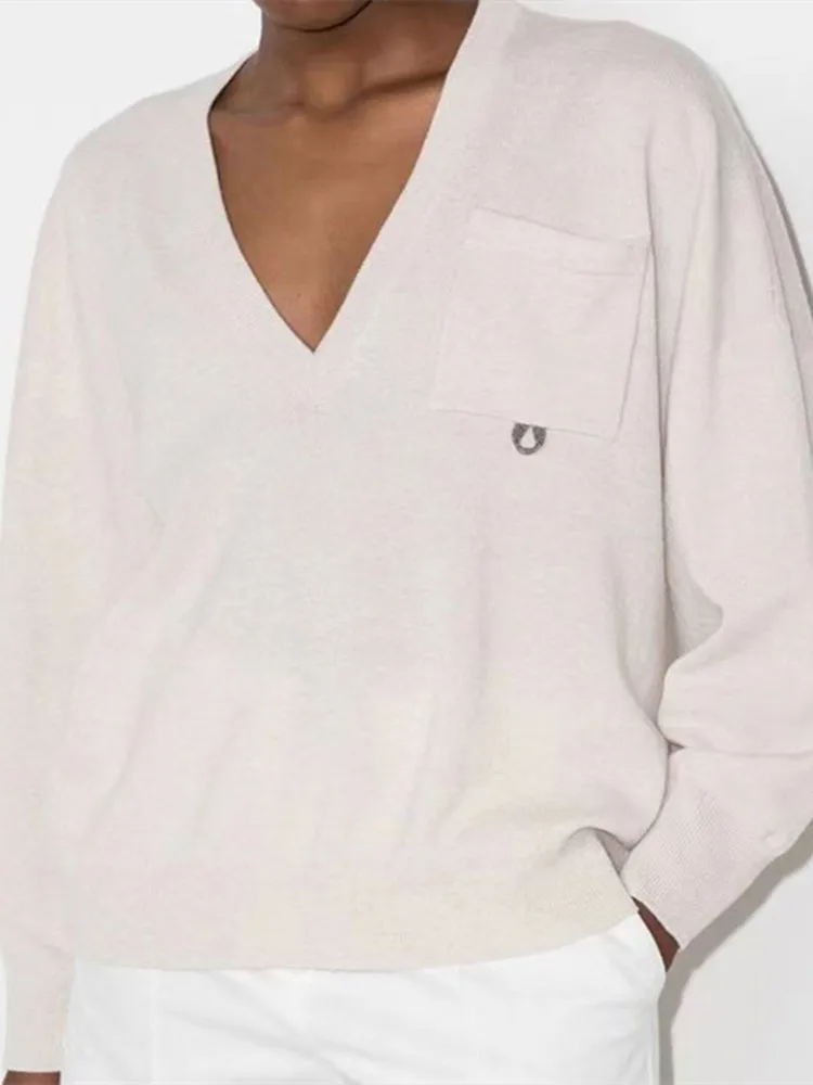 

Women's Sweater Bead V-Neck Long-Sleeved Pullover Knitwear Casual