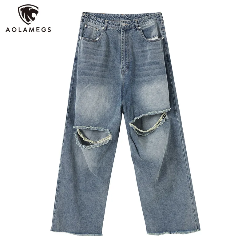 

Мужские джинсовые брюки в стиле хип-хоп с большими дырками, свободные прямые мешковатые джинсы с необработанными краями, летние новые модные повседневные брюки для мужчин и женщин