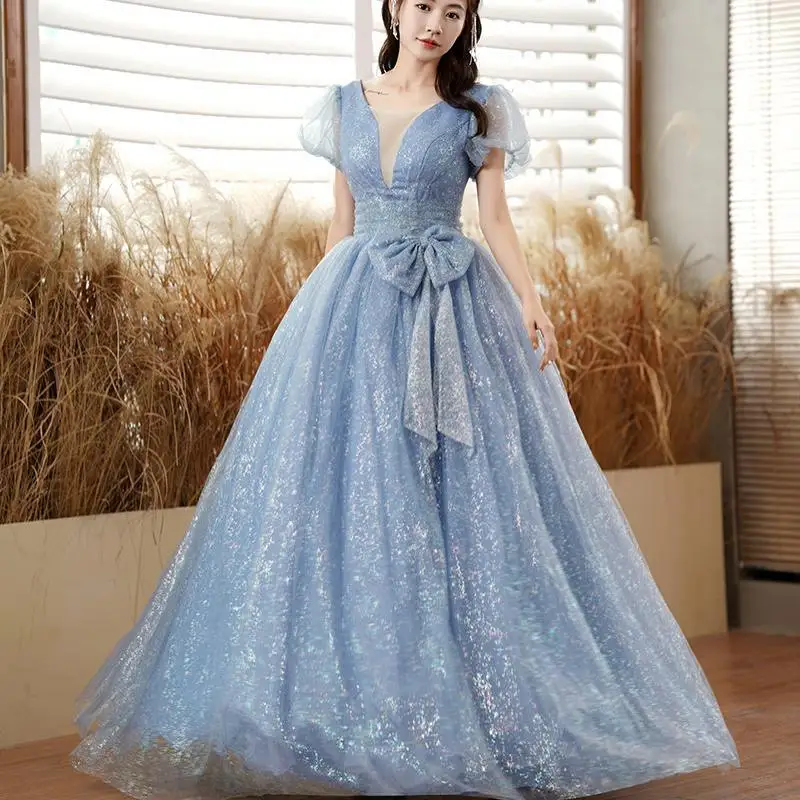 Блестящие тюлевые синие платья Quinceanera сексуальное бальное платье с v-образным