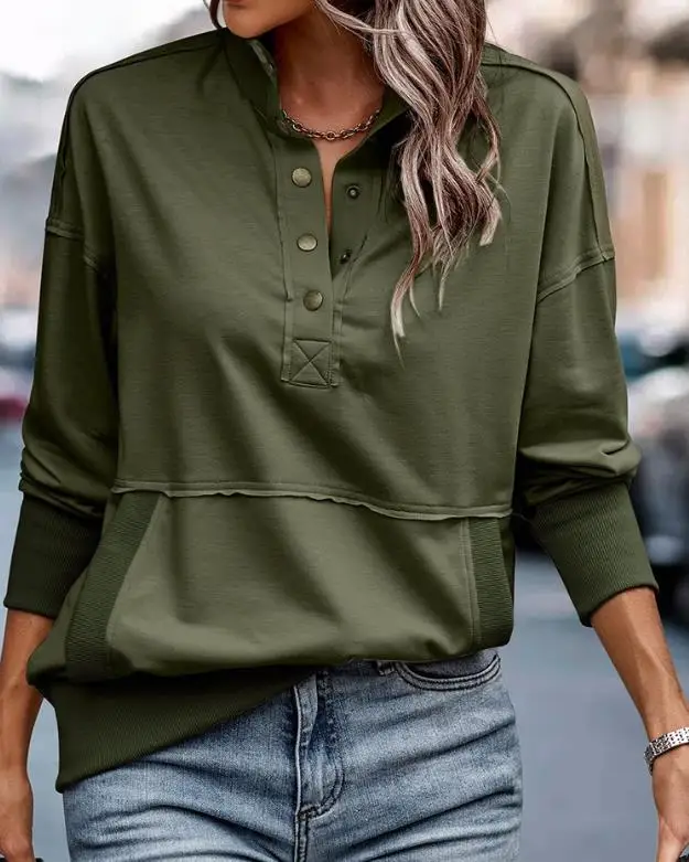 

Fashion Women Blouses 2023 Autumn High Neck Buttoned Pocket Design Top Casual Long Sleeve Tee Female Basics Pullover Clothes