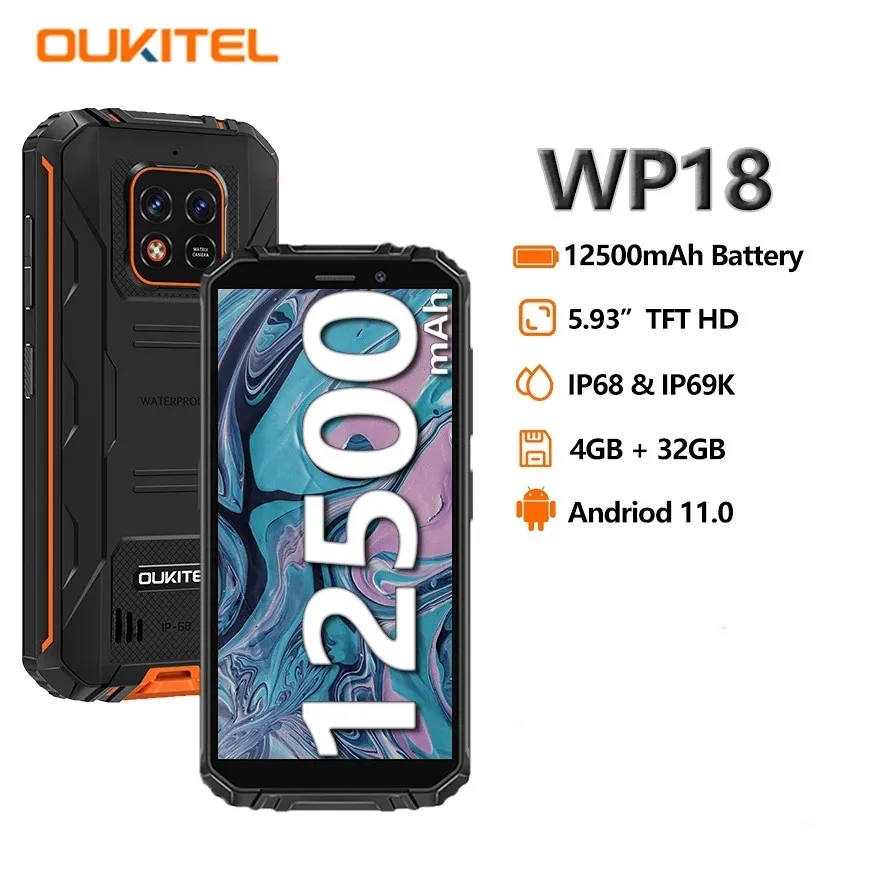 

Oukitel WP18 смартфон с 5,5-дюймовым дисплеем, ОЗУ 4 Гб, ПЗУ 32 ГБ, 13 МП, 12500 мАч, Android 11