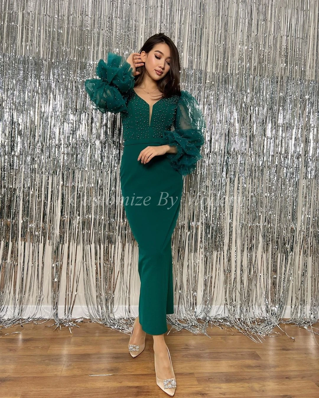 

Green Satin Long Puff Sleeves Prom Dresses Mermaid V Neck Beadings Ankle Length Saudi Arabia Women Evening Party Dress
