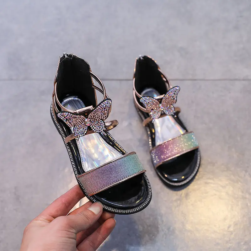 

Free Shipping Gladiator Girls Summer 2022 Patent Leather Rhinestones Bowtie Sandals Princess Children Flat Shoes Kids Sandal