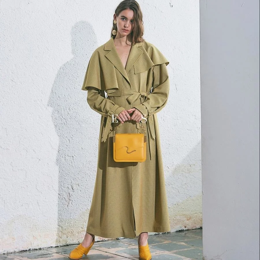 

Up Retro Houndstooth Loose Lace Waist Mid-length Windbreaker outerwear Women 2023 Spring and Autumn New styles trench F824
