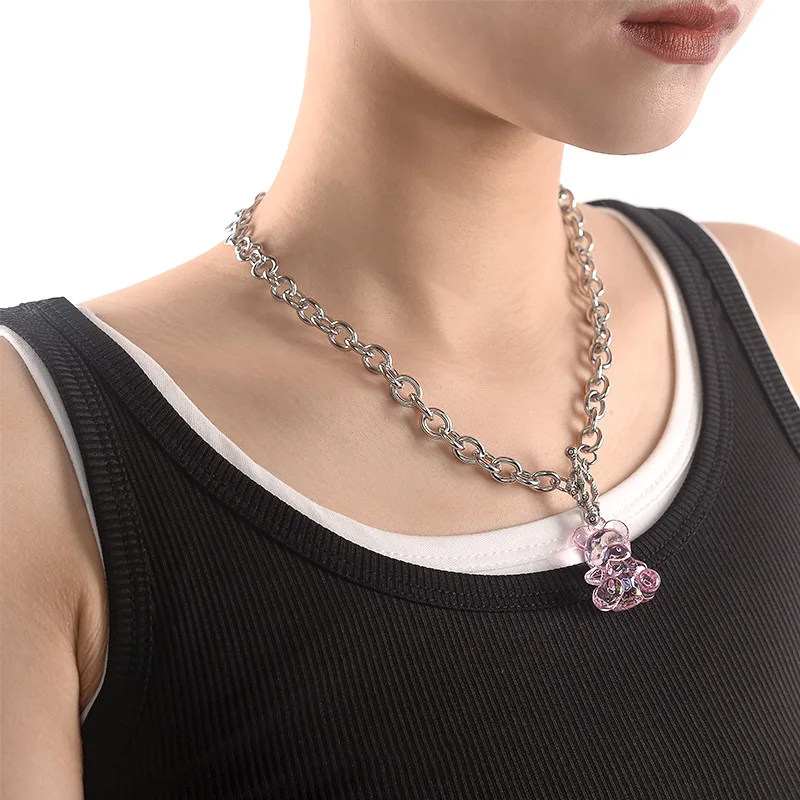 

U-Magical Retro Pink Transparent Jelly Little Bear Pendant Necklace for Women Toggle Clasp Titanium Steel Metal Necklace Jewelry