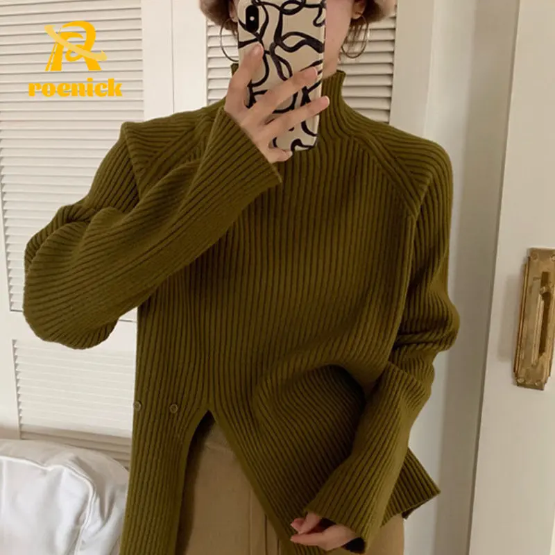 

ROENICK Women Retro Turtleneck Split Pullover Sweaters Female Korean Autumn Winter Long-Sleeved Knitted Tops Loose Chic Knitwear