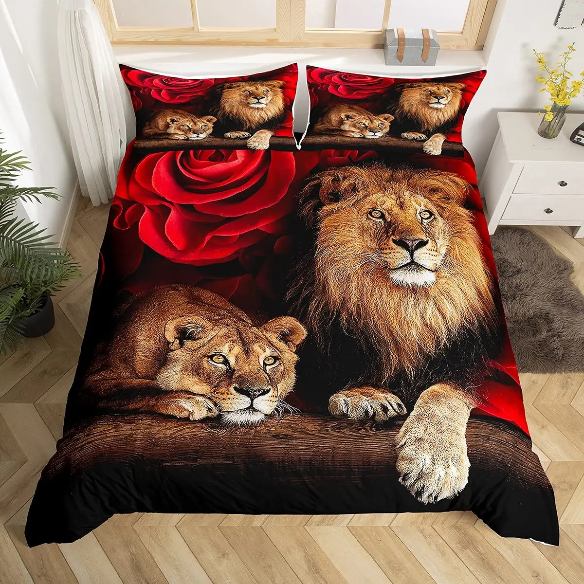 Lion Rose Duvet Cover Set Full Size,Animal Floral Comforter Cover Nature Theme Design Bedding Set,Modern Brown Lion Quilt Cover