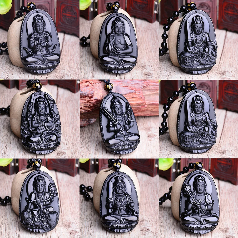 

Buddha Pendant Men Women Lucky Amulet Necklace Black Obsidian Carved Eight Guardians Lucky Beaded Rope Necklaces Jewelry